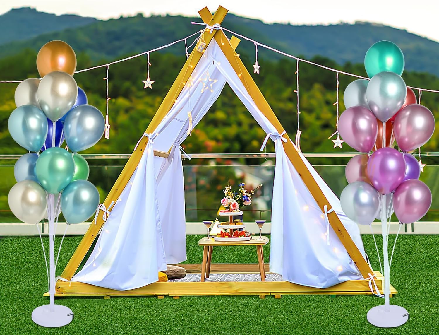 KATBUU 2 Sets of Balloon Stand Kit, 62in Reusable Balloon Stands for floor with Base, Decorations for Party Birthday Wedding Baby Shower Gender Reveal in an outdoor party setup